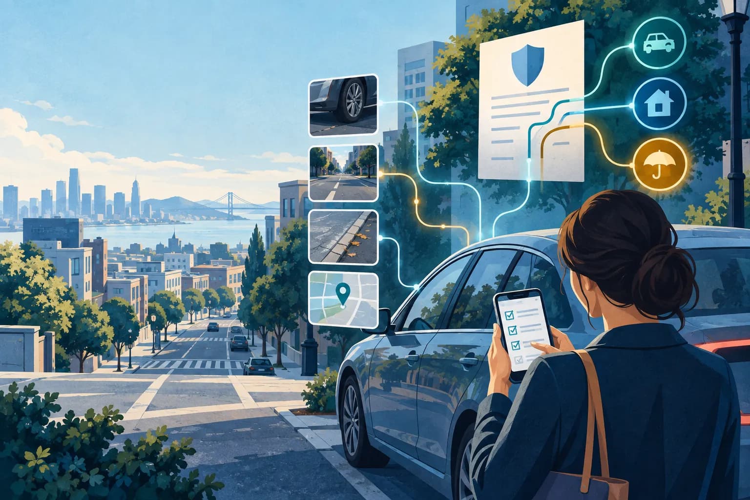 Illustration of a person documenting road and insurance information beside a parked car