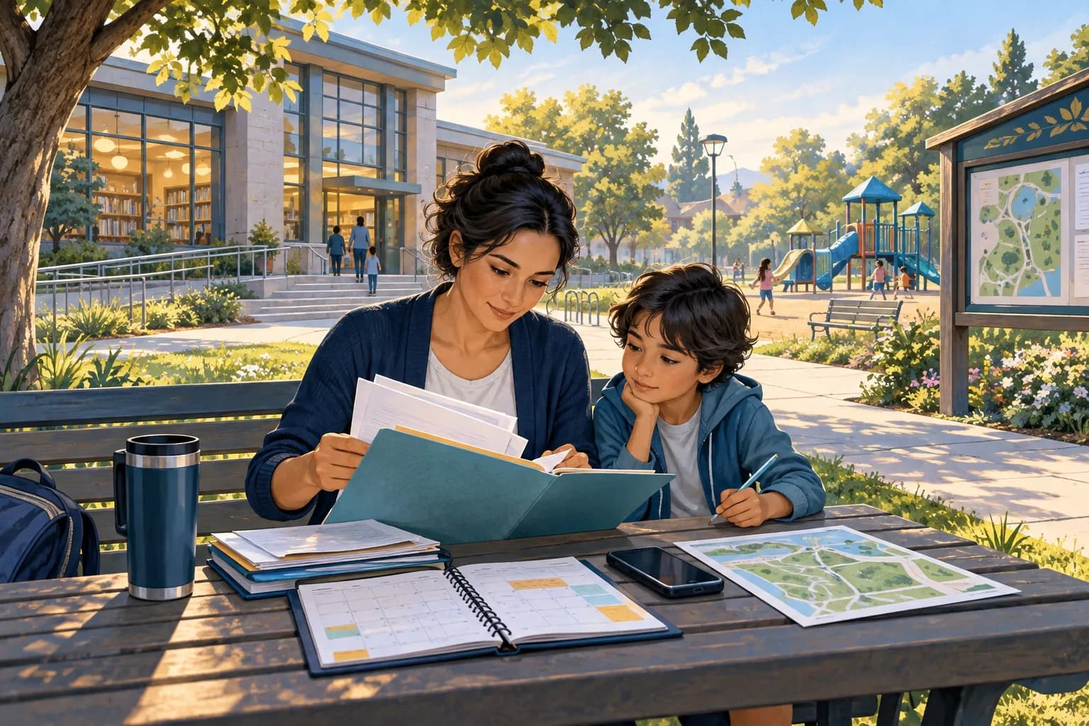 Illustration of an adult and child organizing records near a fictional school-adjacent park