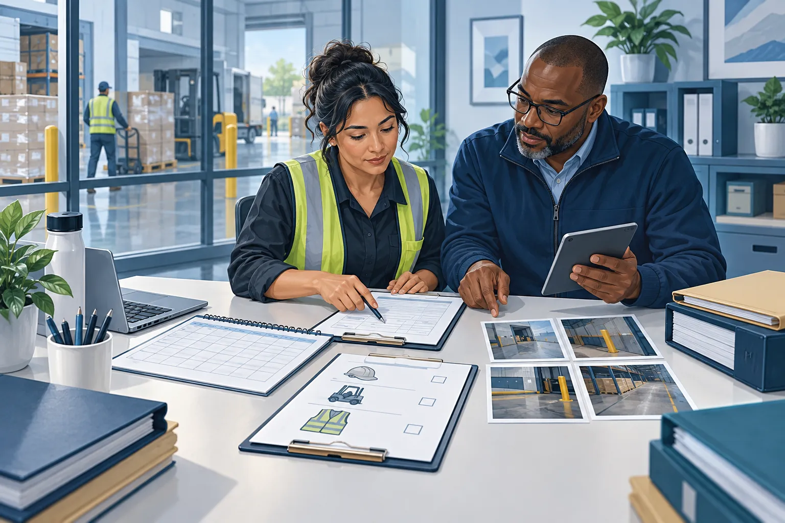 Illustration of a worker and supervisor reviewing fictional workplace records and photographs